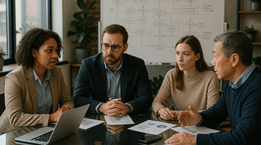 HR szakemberek stratégiai megbeszélése a munkaerő fluktuáció kezelése témában.