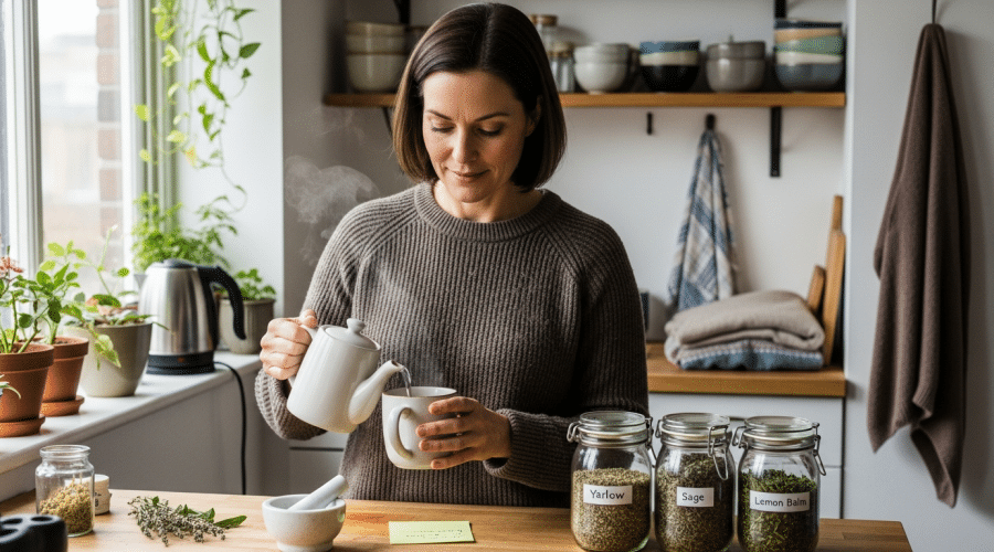 Középkorú nő készít gyógynövényes teát — klimax kezelése otthon
