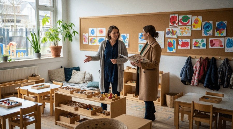 óvodaválasztás: szülő és óvodapedagógus üres csoportszobát néznek át