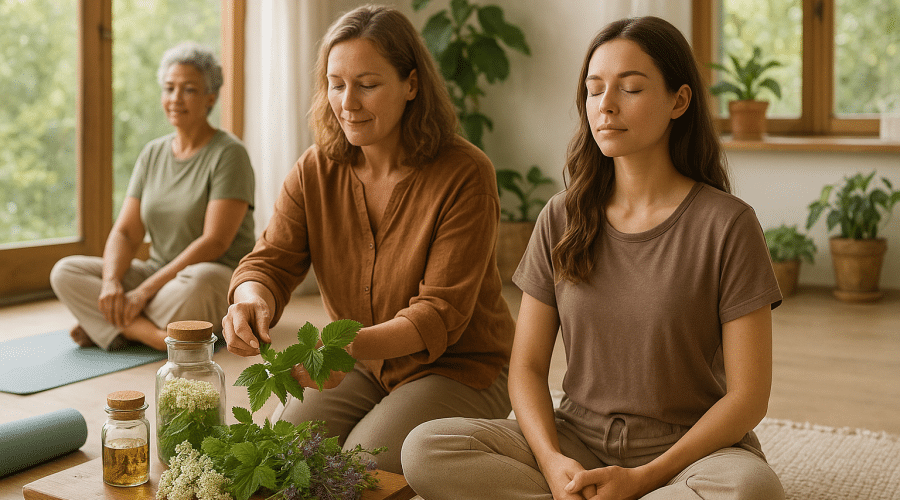 Nők relaxálnak gyógynövények és tudományos gyógynövényhasználat közben természetes környezetben.