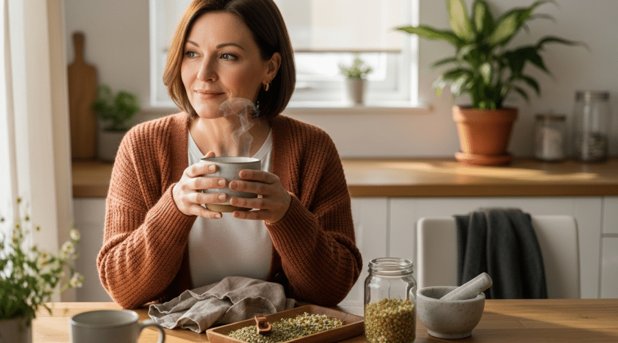 Középkorú nő teával a konyhában, progeszteronhiány természetes támogatása