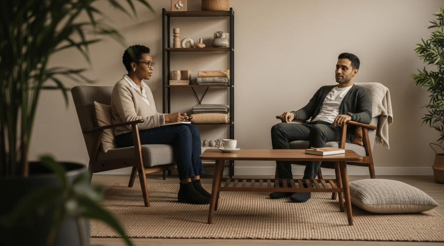 Nyugodt pszichológiai terápiás tér, két fotel, teáscsésze, növény, terapeuta és kliens