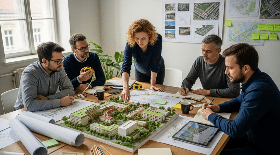 településfejlesztés tervezői workshop: csapat városi makettel dolgozik