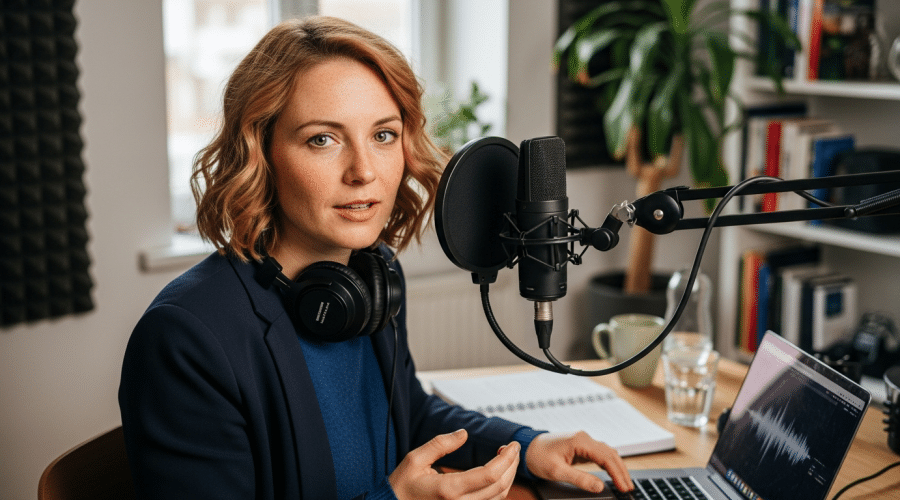 podcasterek képzése: tréner nő otthoni stúdióban mikrofonnal