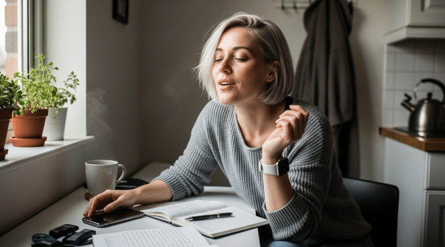 stressz és káromkodás hatása: nő megkönnyebbülve ül konyhaasztalnál