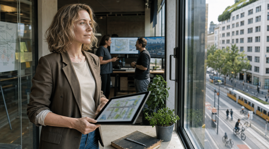 Várostervező tabletet tart, kilátás a digitális város utcáira
