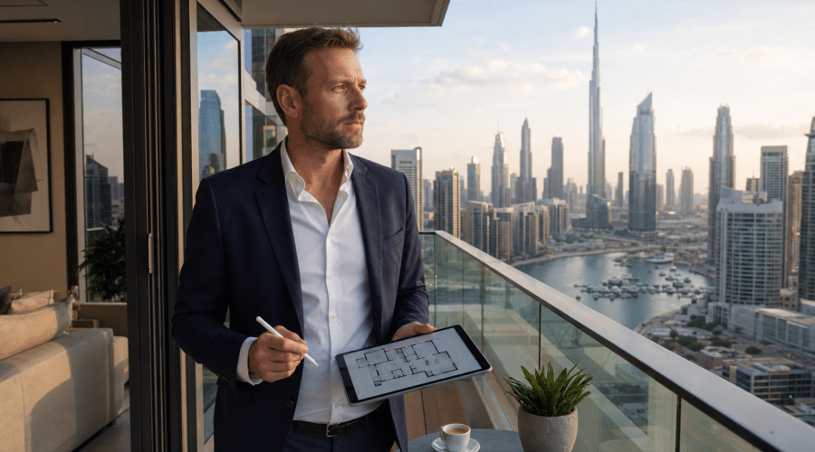 Európai ingatlanbefektető erkélyen tablet-tel, dubai ingatlan panorámával