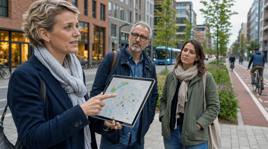 Nő urbanista tabletet mutat egy okos város rehabilitált utcáján